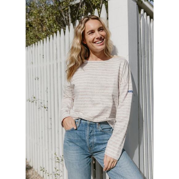 Jenni Kayne Saint James Top Women Small Oatmeal Striped Linen Rue Tee Preppy - Picture 2 of 16